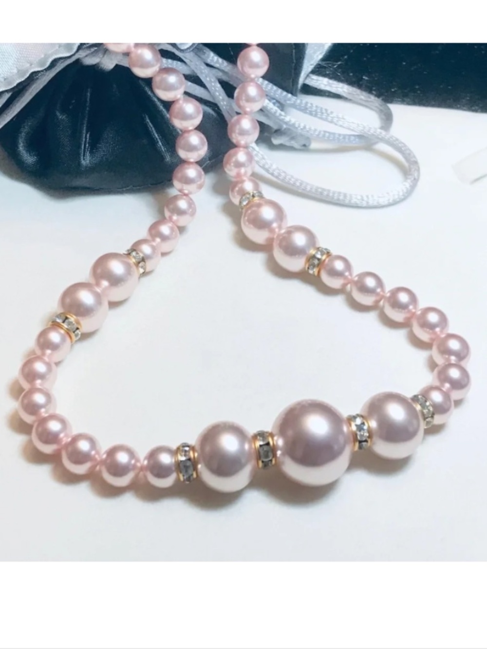 Vintage Madreperla Majorca Pink Graduated Pearl Crystal Station Necklace 20"